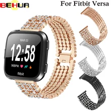Watch Strap For Fitbit Versa Five Steel Wrist Band 5 Beads Round Rhinestone Inlaid Solid Replace Wristbands Accessories Straps