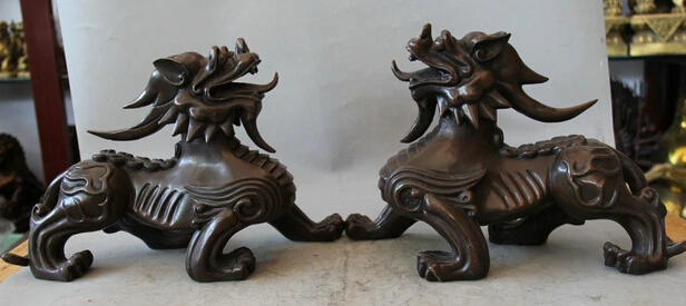 

JP S0524 14" Chinese Bronze Folk Animal Pi Xiu Unicorn Dragon Beast sculpture Statue Pair