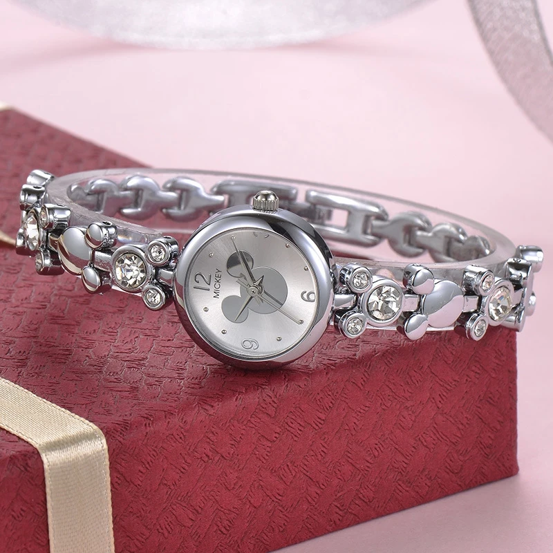 Mickey Mouse Bling Rhinestone Luxury Ladies Trendy Bracelet Gold Silver Steel Watches Disney Women Dress Beautiful Crystal Clock