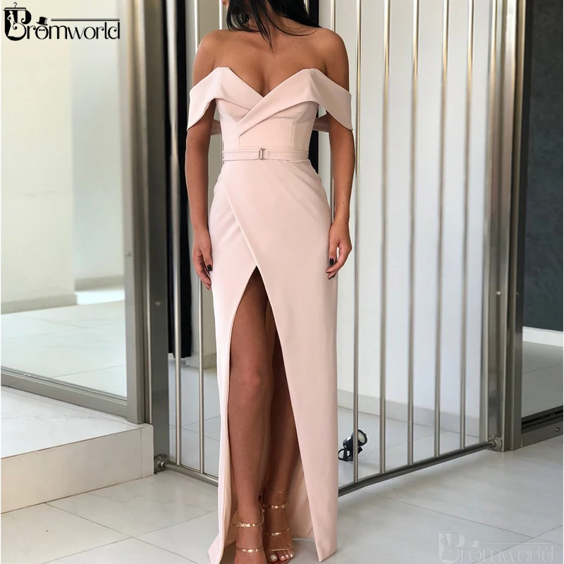 Champagne Evening Dresses robe de soiree Off the Shoulder Sheath Prom Dress High Slit Sexy Long Elegant Evening Gown