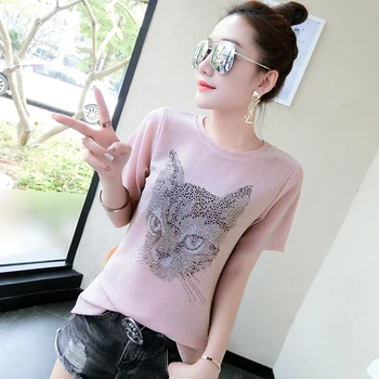 

2018 summer new fashion social cat short-sleeved t shirt women Bright silk diamonds tops wild o-neck t shirt S-XXXL 189