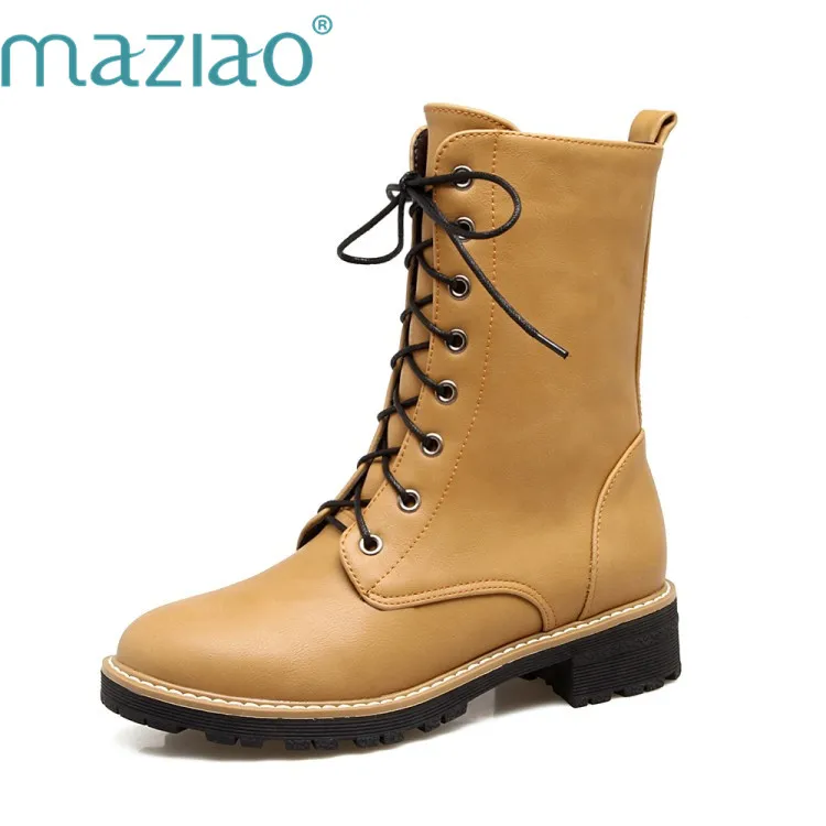 

MAZIAO 2018 Women Ankle Boots Lace Up Westrn Style Round Toe Square Mid Heel Soild Yellow Women Fashion Ankle Boots Size 34-43