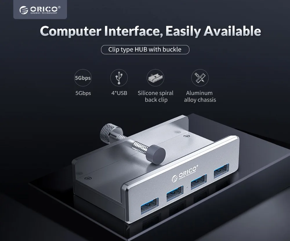 ORICO 4 порта USB разветвитель USB3.0 концентратор с USB портом питания зажим-Тип алюминиевый 5 Гбит/с для чтения карт ПК компьютер ноутбук