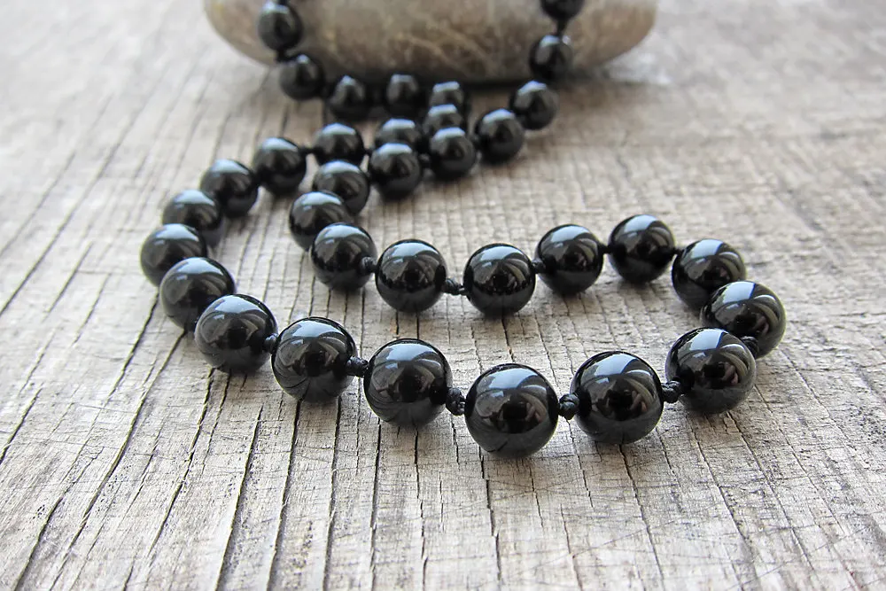 

Long Necklace 8MM Black onyx necklace Mens necklace 20 inches knotted natural stone pray yoga Mala beads