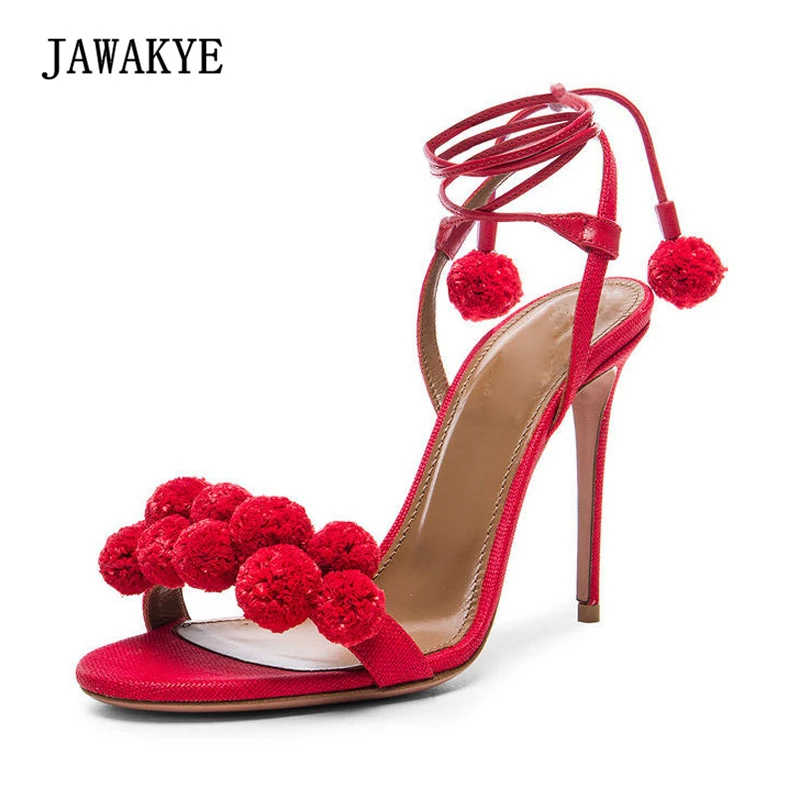 

Bohemia Bandage High Heel Sandals Woman Open Toe Pom POM Ankle Strappy Pumps Lady Sexy Gladiator Sandals