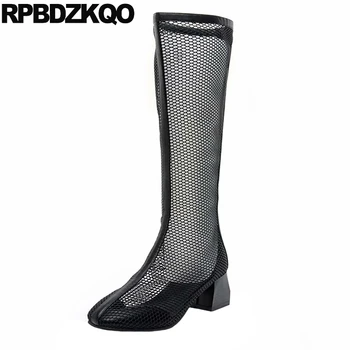 

summer knee high mesh round toe cut out slim sandals chunky black luxury brand shoes women boots ladies sexy long block white