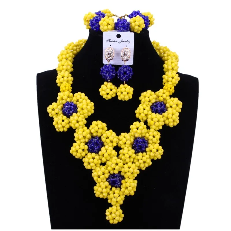 African Beads Costume Jewelry Set Yellow Royal Blue For Wedding Big Set