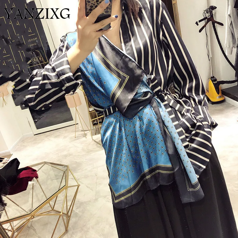 

2019 New Spring And Summer Fashion Women Clothes Turn-down Collar Striped Patchwork Shirt Female Scarf Spliced A337