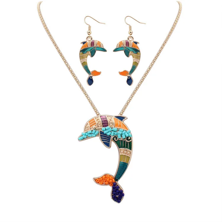 

New Fashion Women Jewelry Sets Enamel Dolphin Pendant Necklace Dangle Earrings Set Jewelry Sets drop shipping wholesale brand