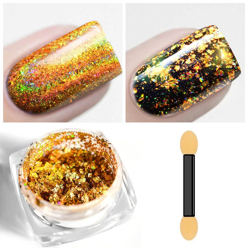 

ELECOOL Golden Shining Glitter Dust Powder Heat resistance Mirror Powder Nail Art Supplies with two end Brush Manicure Art TSLM1