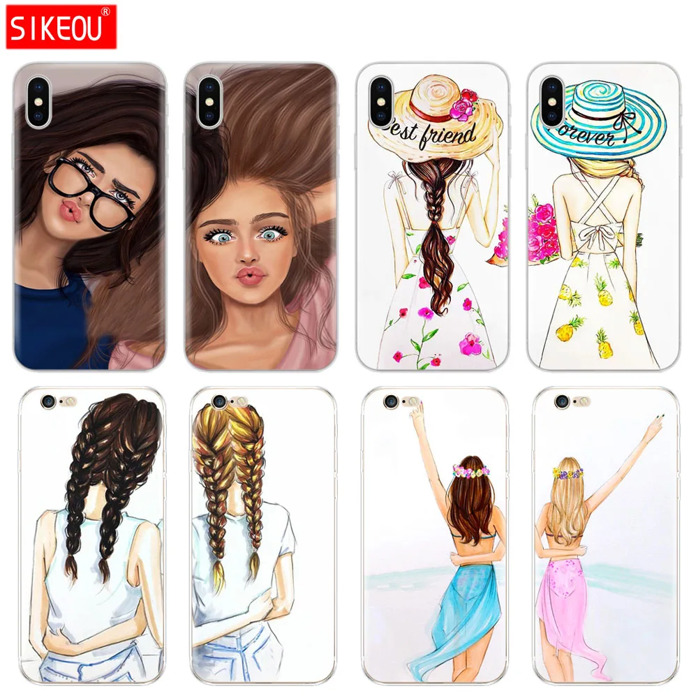 Silicone Cover Phone Case For Iphone 6 X 8 7 6s 5 5s Se Plus 10 Xr Xs Max Case Girls Brunette Blonde Best Friends Bff Matching Buy At The Price