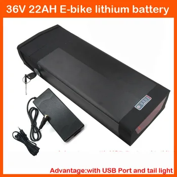

1000W 36V 22AH Electric Bike Lithium rear rack Battery pack With USB Port and Tail light 30A BMS and 2A Charger