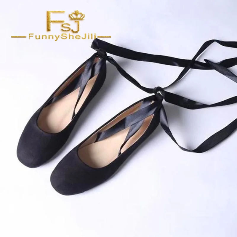 Black Comfortable Flats Strappy Suede Ballet Shoes for Female Anniversary Incomparable Noble Attractive Generous FSJ Elegant