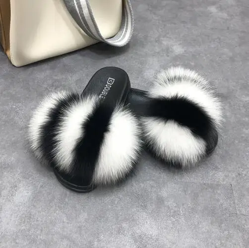 

Women Real Fur Slippers Fox Hair Fluffy Sliders Cute Fur Slides Beach Furry Summer Flats Sweet Ladies Shoes Fox Fur Flip Flops