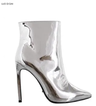 

2019 fashion women mirror leather boots pointed toe boots women party booties gold/sliver boots dress shoes high heel booties