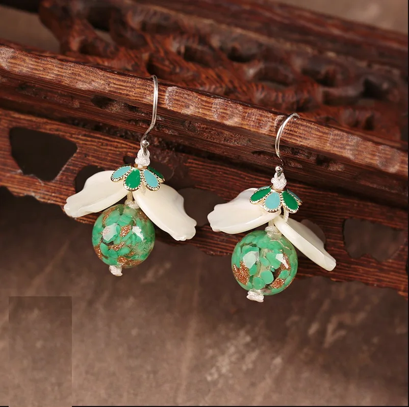

S925 Sterling Silver Classical Chinese Style Earrings Glass Shells Retro Court Ear Pendant Temperament Jewelry Women