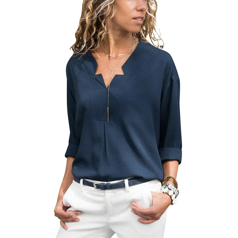 

New Autumn Women's V Neck Casual Long Sleeve Blouse Loose Solid Color Shirt Top