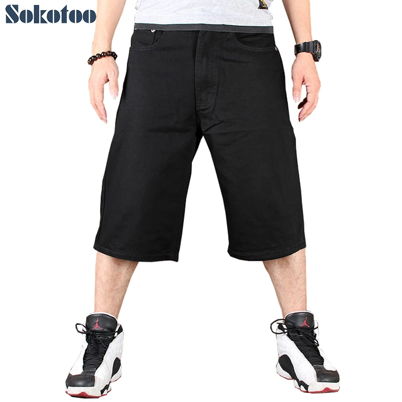 

Sokotoo Men's hip hop pure black cotton denim shorts Hiphop streetwear skateboard plus large big size loose jeans