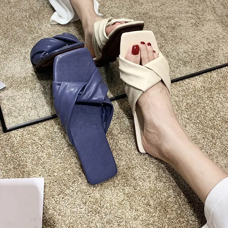 

Women Flat Slippers Casual Square Open Toe Kont Ladies Slides Leather Summer Flip Flops Fashion Soft Comfortable Female Shoes