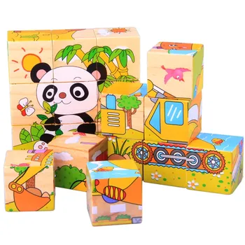 

Besegad 9 Pcs Wooden Cartoon Pattern Hexahedron Puzzles Building Toy Set for Kids Children Random Style