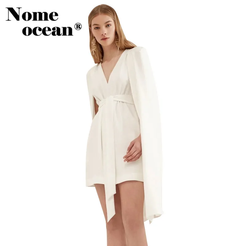 

Vogue OL Cape Dresses Belted Waist V-neck A-line Brand Dress 2018 Summer Clock Sleeve Blazer Design Women Dresses M17072713