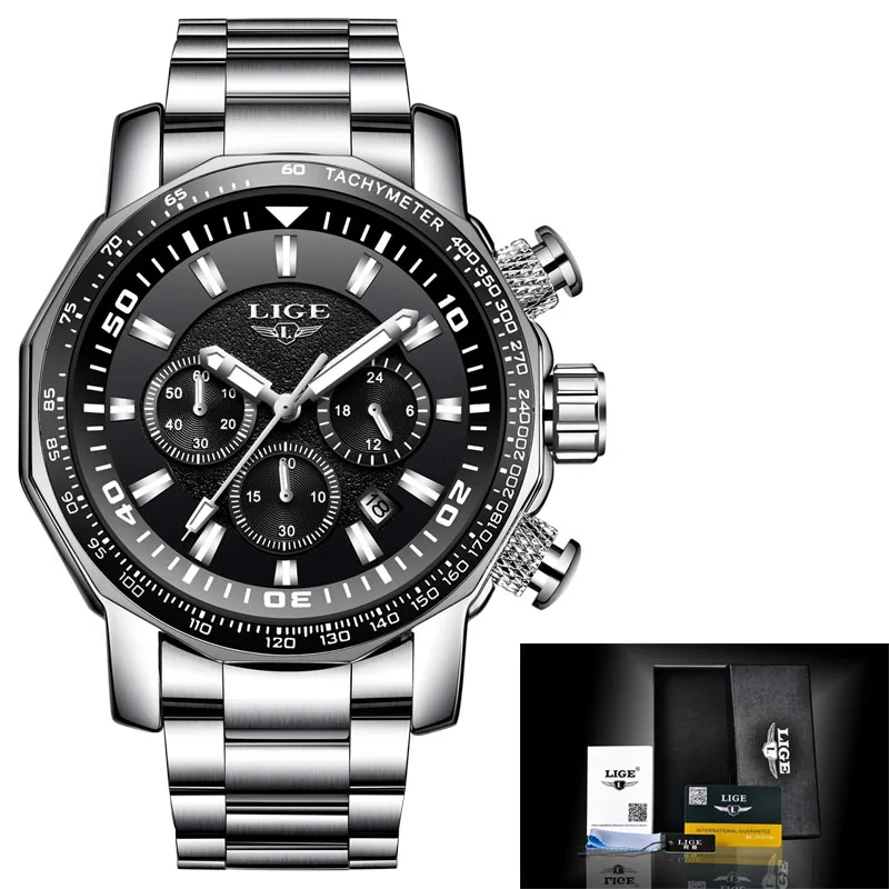 Relogio Masculino мужские часы LIGE Лидирующий бренд Роскошные модные кварцевые часы мужские Бизнес водонепроницаемые часы с большим циферблатом военные спортивные часы - Цвет: Silver black