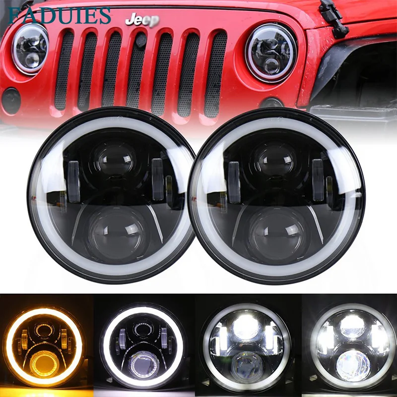 1 1Pair 7Inch LED Headlight White Halo Ring Angel Eyes+Amber Turning Signal Led headlamp For Jeep Wrangler JK TJ CJ 2007-2016 (5)