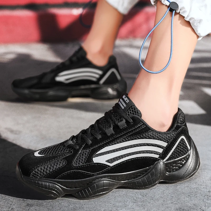 Outdoor Sport Casual Chunky Sneakers For Men Summer Mesh Breathable Men Shoes Lace Up Sneakers PU Outsole Black Shoes Man 2019