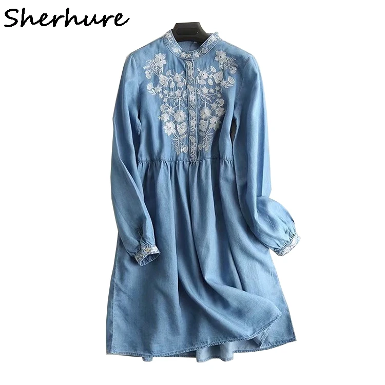 

2019 Flower Embroidery Long Sleeve Women Cotton Denim Blouses Vintage Women Long Blouses Vestidos Women Shirts Blusas Mujer