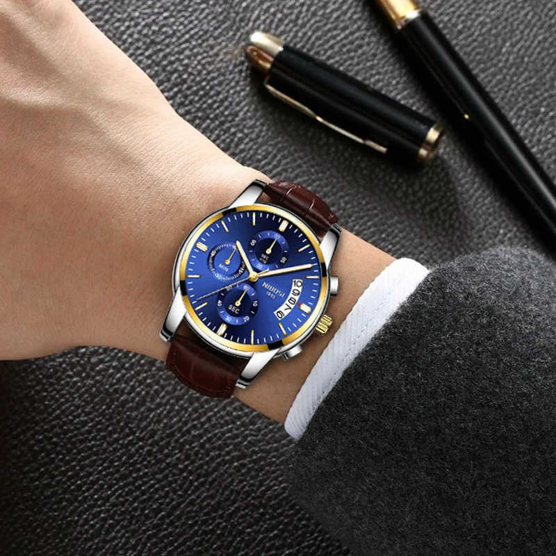 NIBOSI Mens Watches Top Brand Luxury Waterproof Watch Military Leather Strap Sport Watch Men Quartz