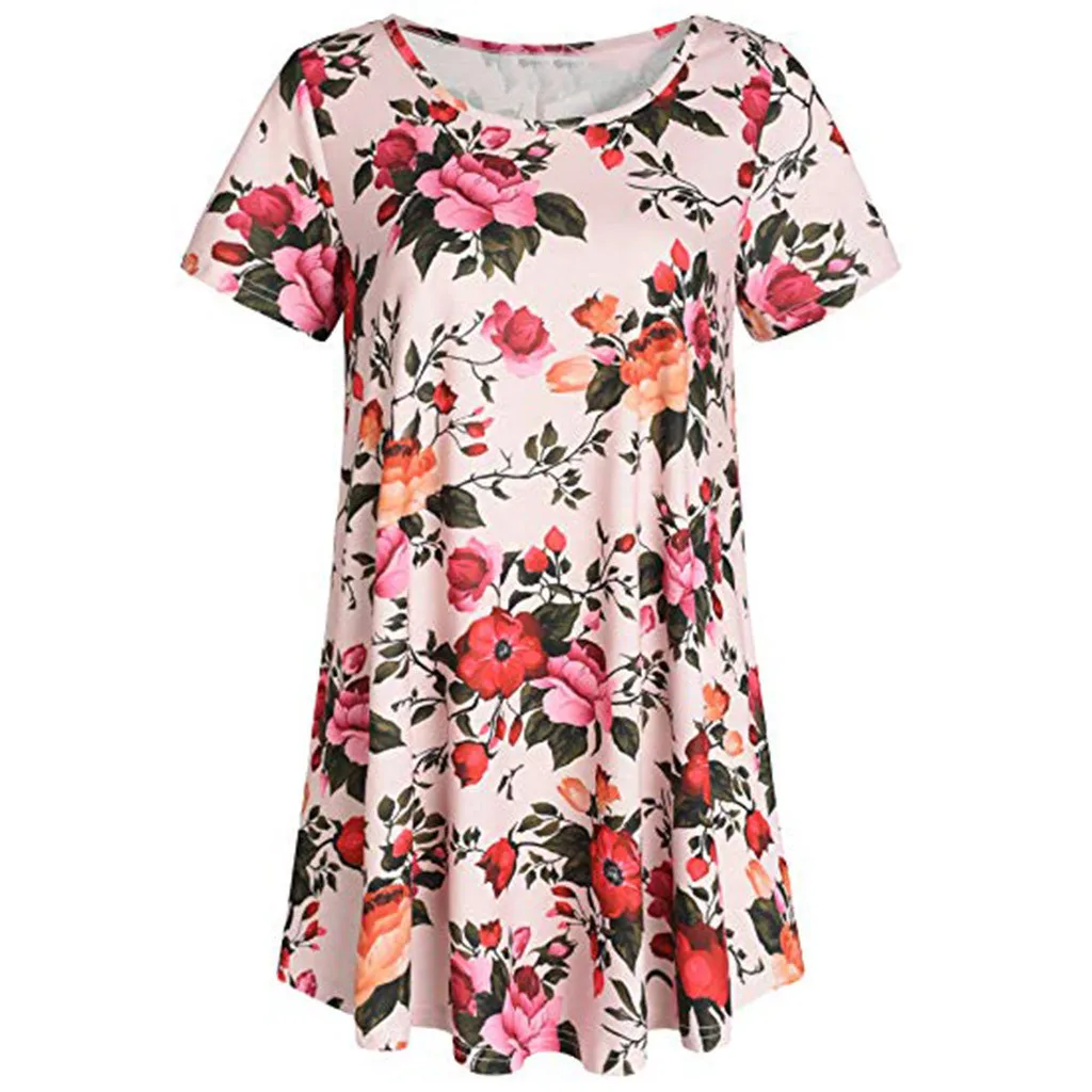 

More Color Plus Size Shirt Women Ladies Flowers Short Sleeve Round Neck Casual Tunic Females Beach Tops Summer Hot Slae