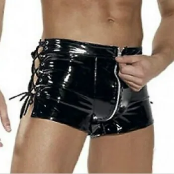

New Men's Leather Boxer Sexy Gay Underwear Wetlook Pu Zipper Underwear Lace Up Bandage Pole Dance Clubwear Cock Shown Wear