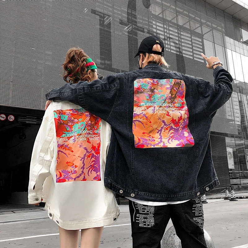 

2019 Spring will spot the new white color printed abstract cowboy coat female boyfriend jeans for women bf couplesEshining