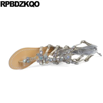 

high quality knee luxury shoes women designer diamond flat large size boots rhinestone embellished jewel silver runway sandals