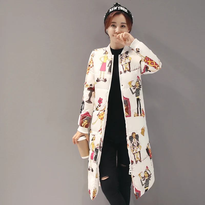 

2016 Winter Down Parka Coat X-Long Print Patten Slim Fit O-neck Jackets Manteau Femme Black/White Jaqueta Feminina