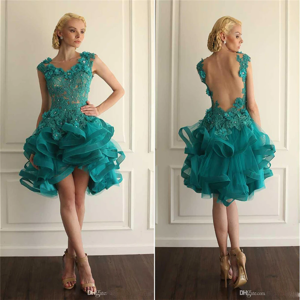 Teal Turquoise Vintage Lace Short Prom font b Dress b font 2016 Flowers Crystal Beading Kaftan