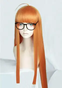 

Game P5 Persona5 Futaba Sakura Cosplay Wig Long Straight Citrus Orange Heat Resistant Synthetic Hair Wig + Wig Cap + Glasses