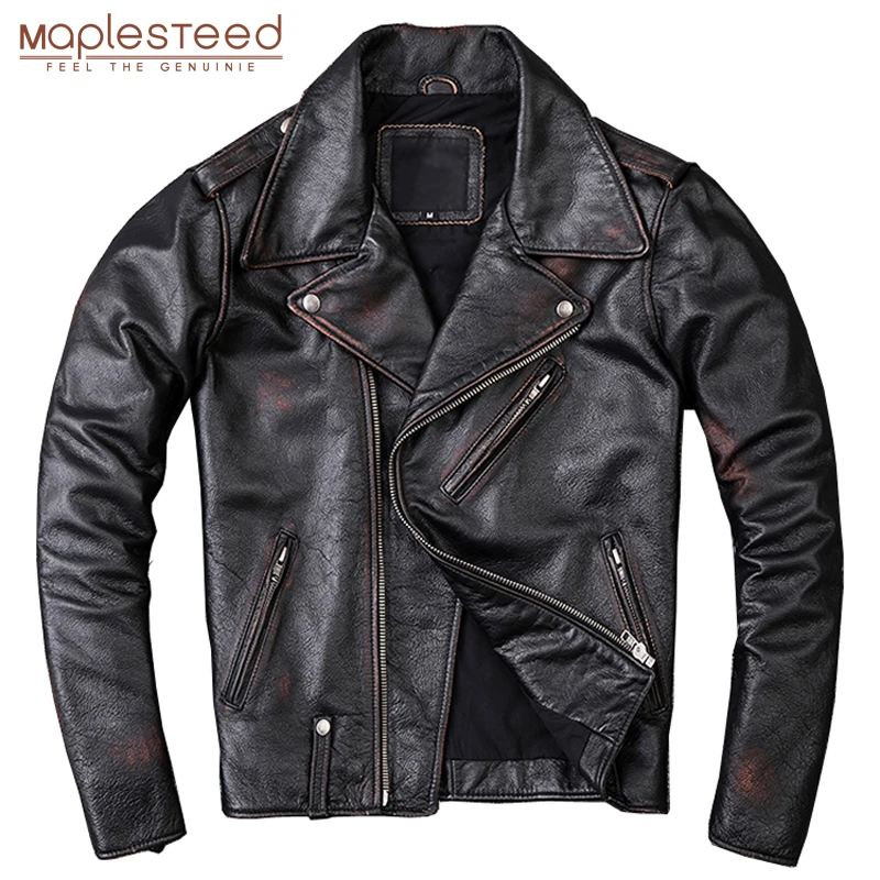 

MAPLESTEED Washed Stone Milled Distressed Edging Vintage Leather Jacket For Men Jackets 100% Natural Calf Skin Coat Winter M209