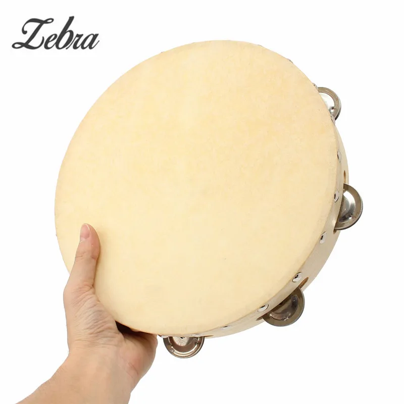

New Arrival 10 Inch 8pcs Bell Wood Round Hand Held Kids Tambourine For Children Kindergarten Teaching Musical Percussion Toy