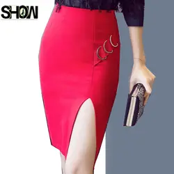 Высокая Талия юбки 5XL 4XL Корея Дизайн Для женщин мода Slim Fit Карандаш пикантные Офисные женские туфли работы черные повязки Мини разрез