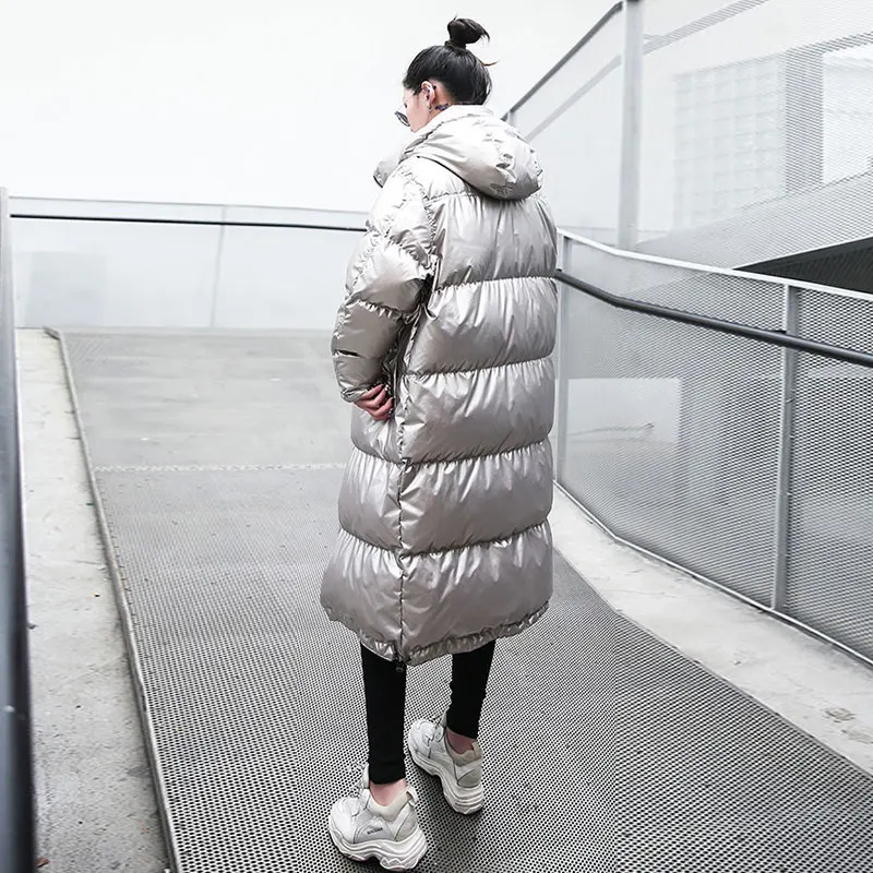 Long Silver Jackets Women Parka Winter Warm Outerwear Fashion Bright Cotton Coat Ladies Winter Loose Down Jacket Thick T399