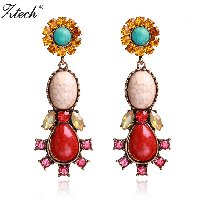 

Ztech New Hot Bohemia Boho Wedding Dangle Drop Earrings Vintage Statement Jewelry Ethnic Big Green/Red Stone Earring For Women