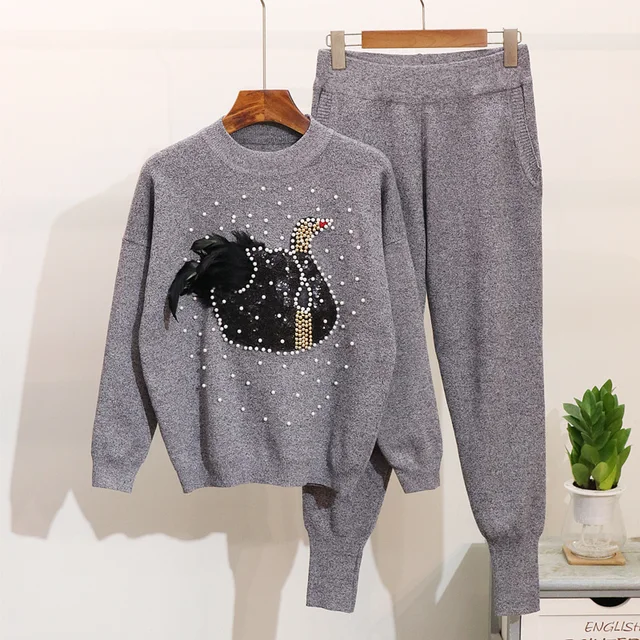 Special Offers 2018 Autumn Winter New Women's Feather Bead Long Sleeve Sweater Jacket + Loose Knitted Trousers Set Two-piece Suit Knitwear Special Offers 2018 Autumn Winter New Women's Feather Bead Long Sleeve Sweater Jacket + Loose Knitted Trousers Set Two-piece Suit Knitwear