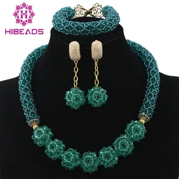 

Glamorous Teal Green Wedding African Beads Jewelry Set Chunky Necklace Ball Chain Earrings Beads Set Free Shipping WD228