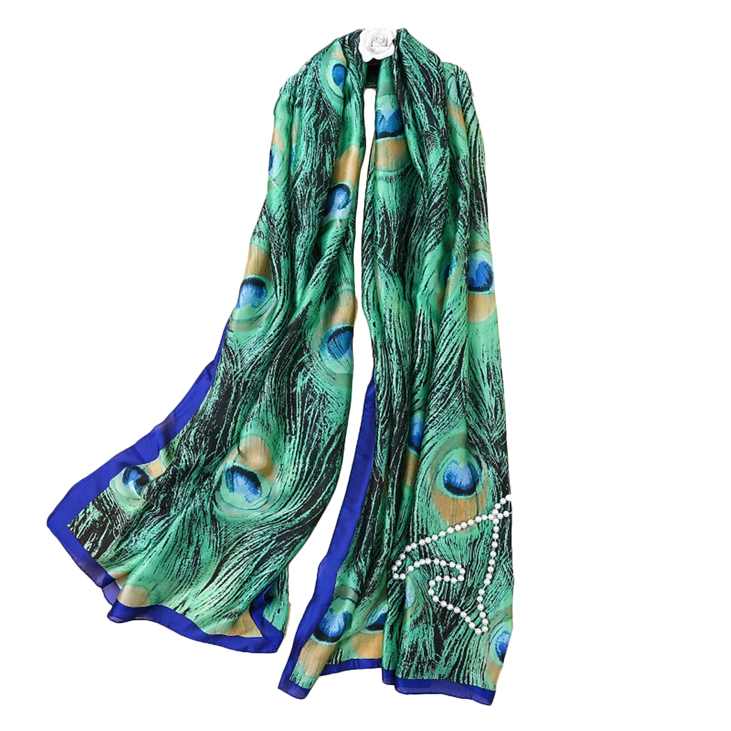 Элитный бренд Для женщин шелковый шарф шаль Мода Павлиньих Перьев печатных длинные шарфы Лето Boho Beach шарф дамы платки 180*90 см