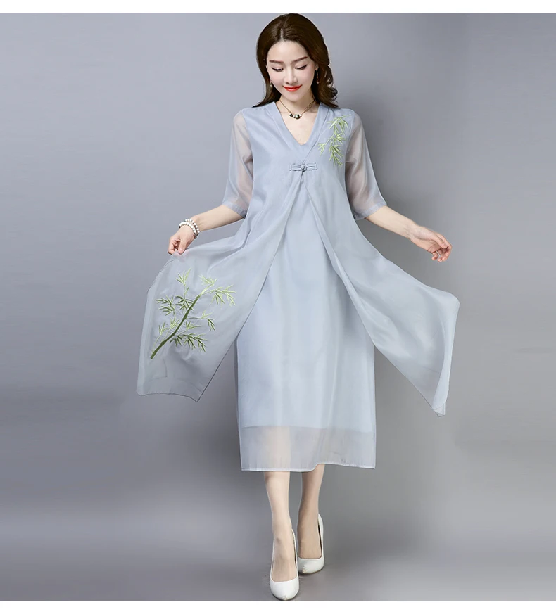 Винтажное платье с вышивкой в национальном стиле женские летние платья средней длины из мягкого шелка с коротким рукавом элегантные женские вечерние платья с v-образным вырезом