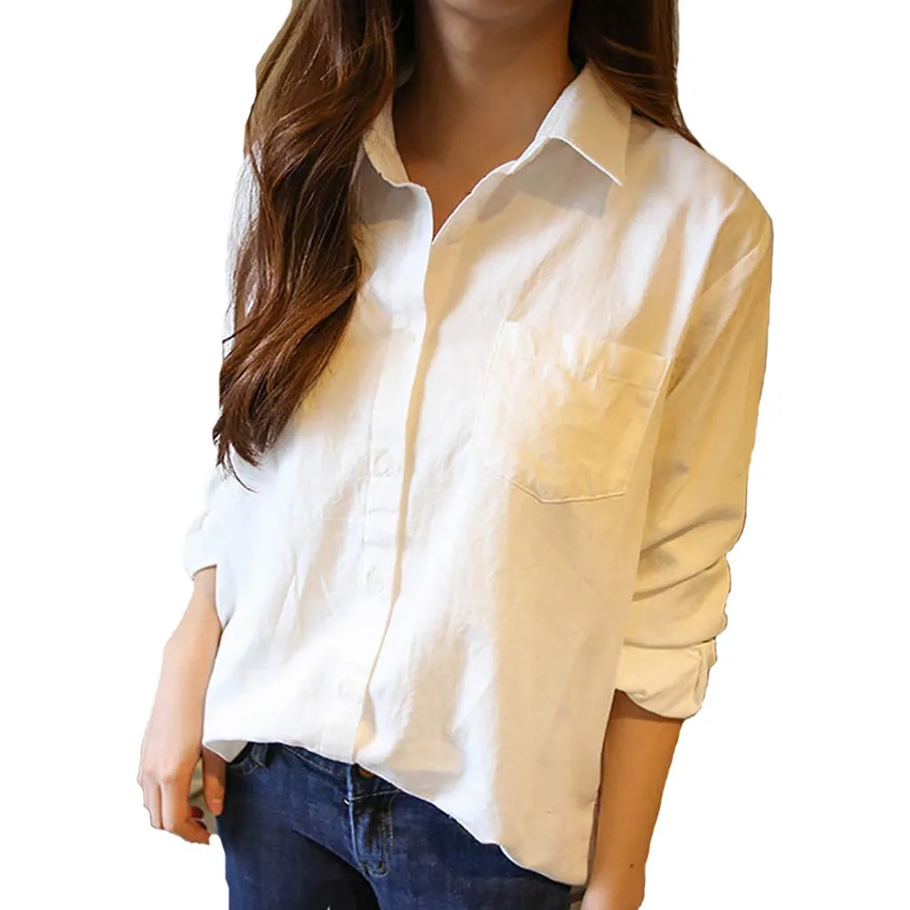 Женская Весенняя белая свободная Однотонная рубашка с длинным рукавом в Корейском стиле, Женская белая рубашка с длинным рукавом, большие размеры - Цвет: Белый