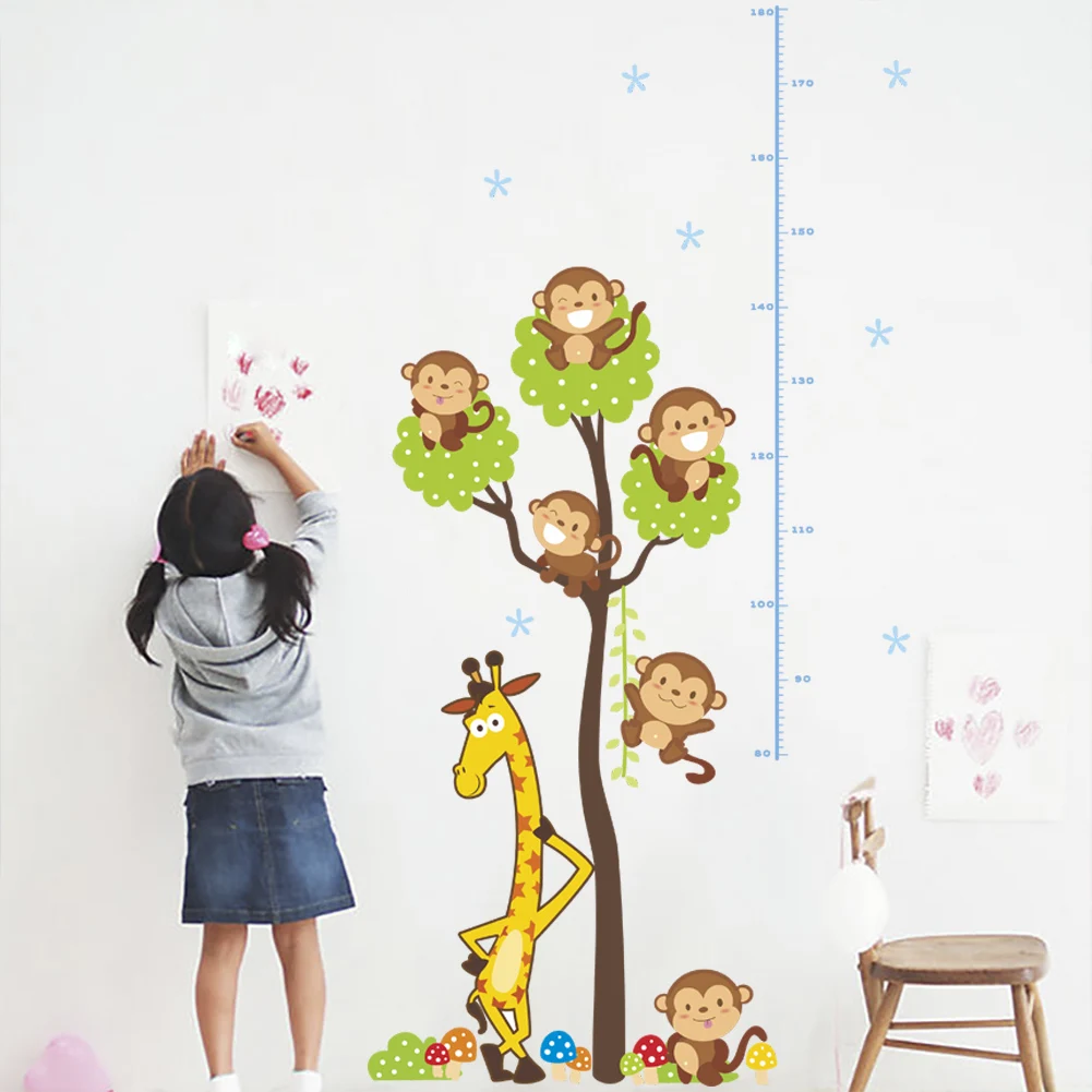 3D Cartoon Animal Giraffe Monkey Height Measure Wall Stickers For Kids Rooms Height Ruler Wall Decals Nursery Room Decoration