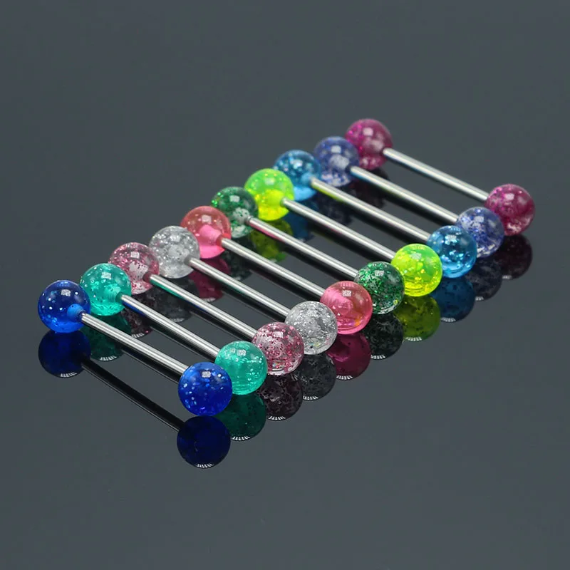 

10Pcs Mix Colors Tongue Rings Barbell Piercing Tongue Bar Colorful Candy Color Glitter 1.4mm Body Piercing Jewelry Anti-allergic