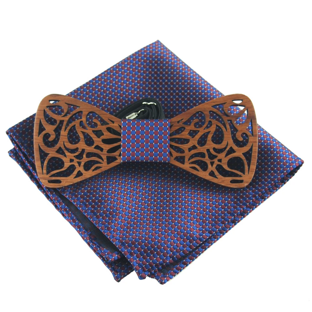  RBOCOTT Fashion Novelty Paisley Wooden Bow Tie And Handkerchief Set Men's Plaid Bow Tie Wood Hollow